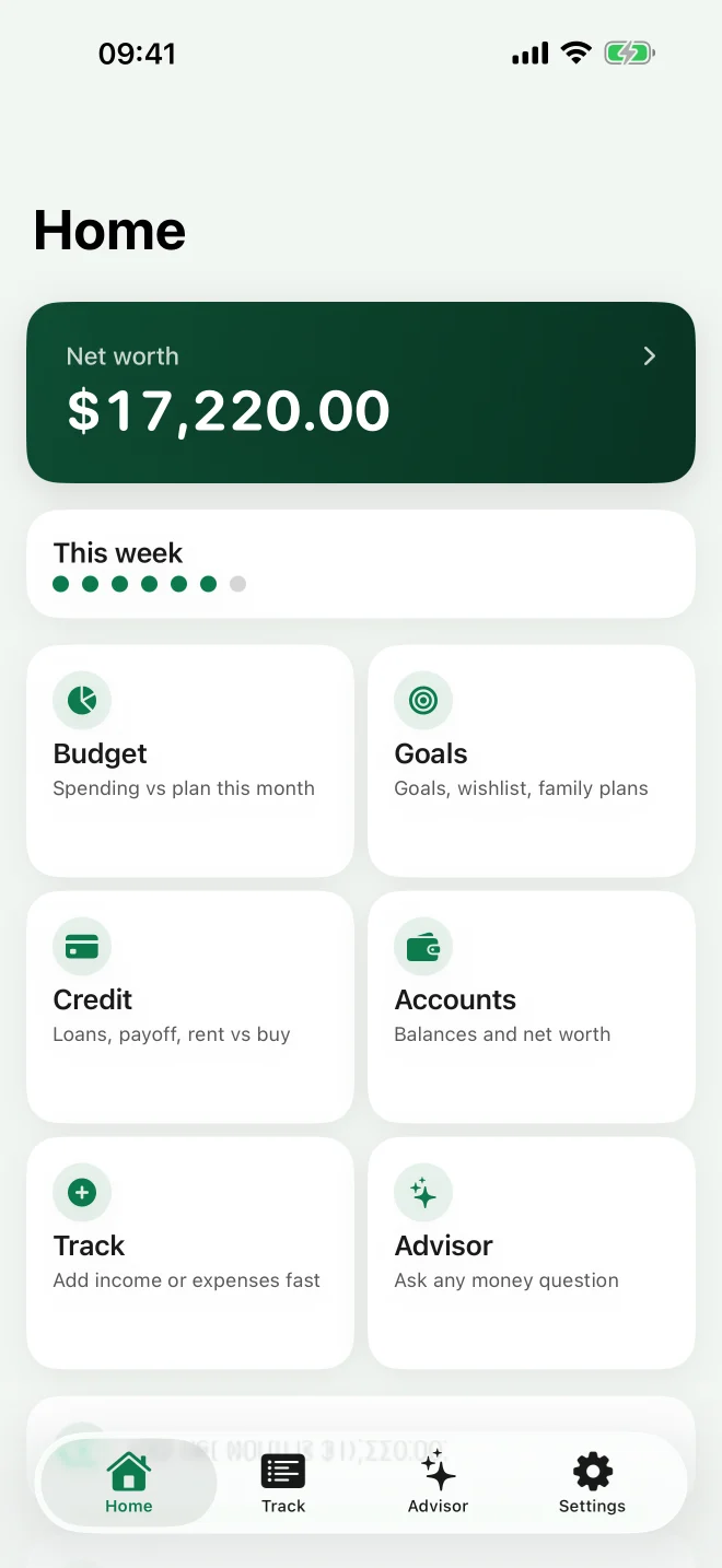 FinTraicker home hub on iPhone, showing net worth and quick actions for budget, goals, and credit tools.