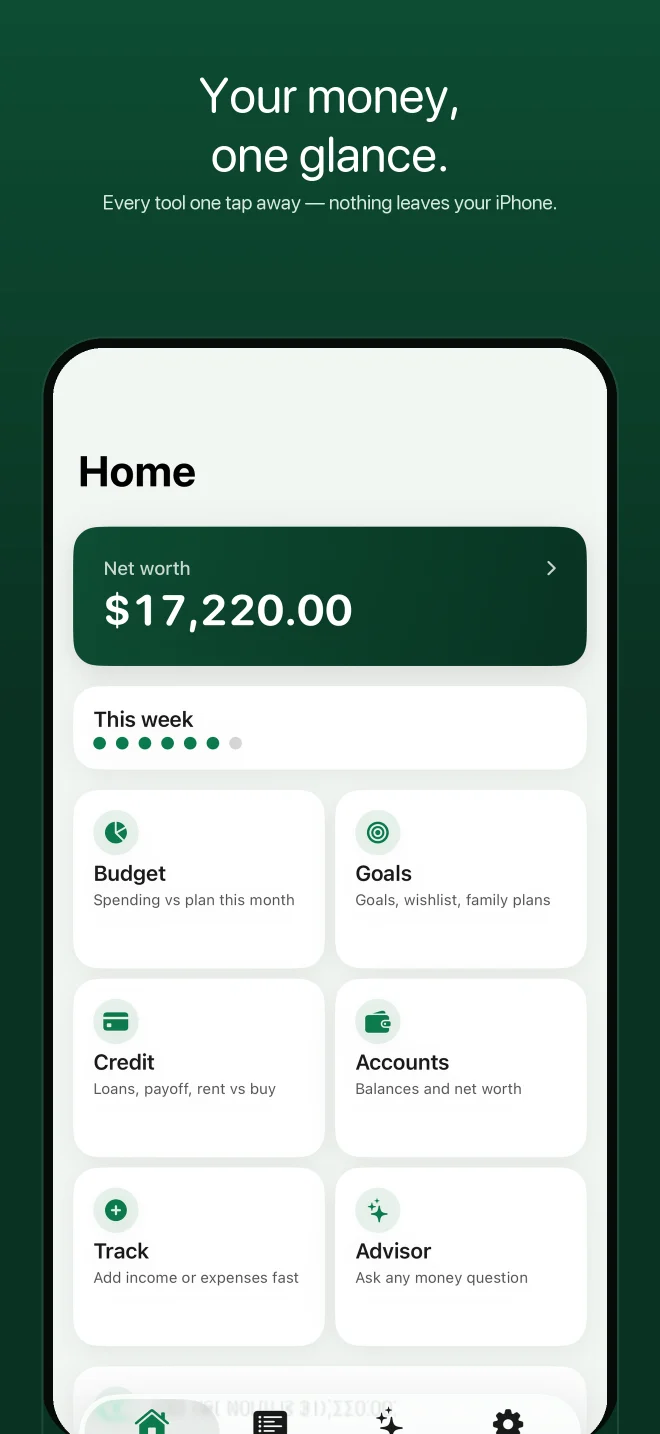 FinTraicker home hub showing net worth and financial quick actions.