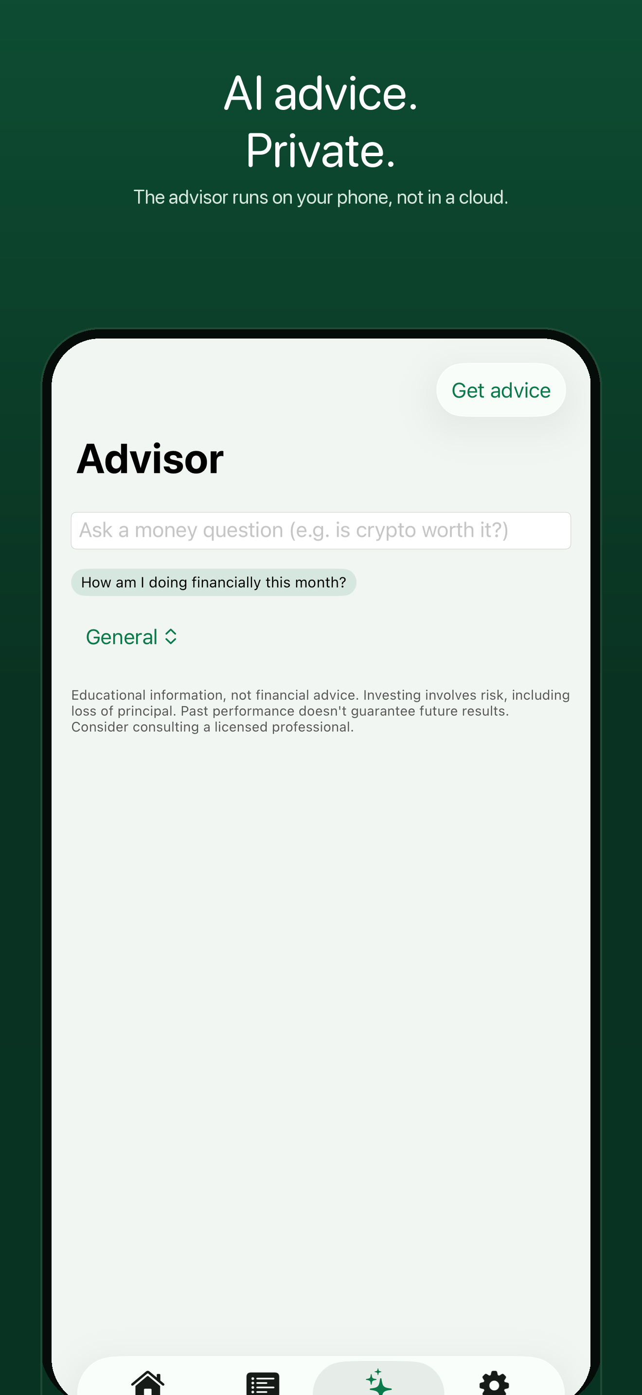 FinTraicker on-device AI advisor answering an educational money question.