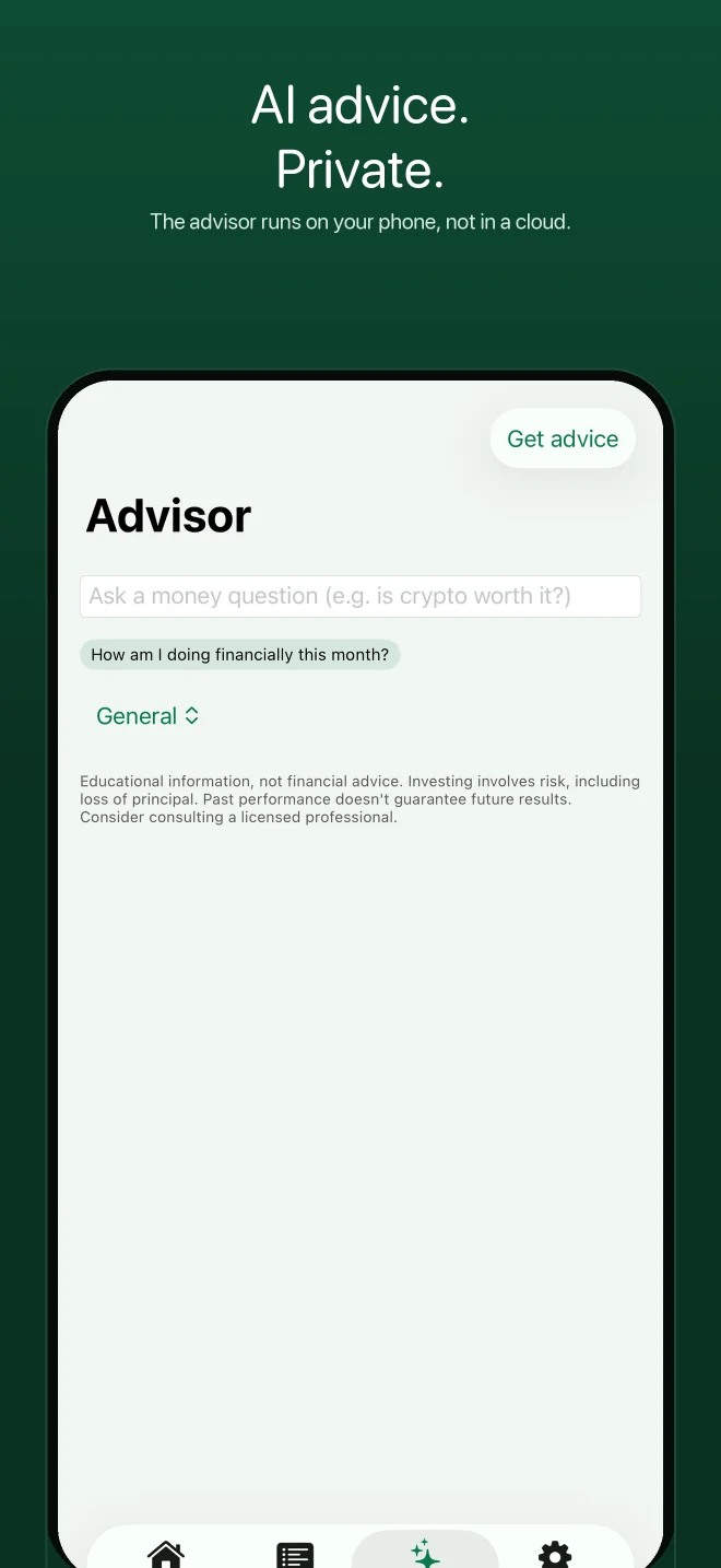 FinTraicker on-device AI advisor answering an educational money question.