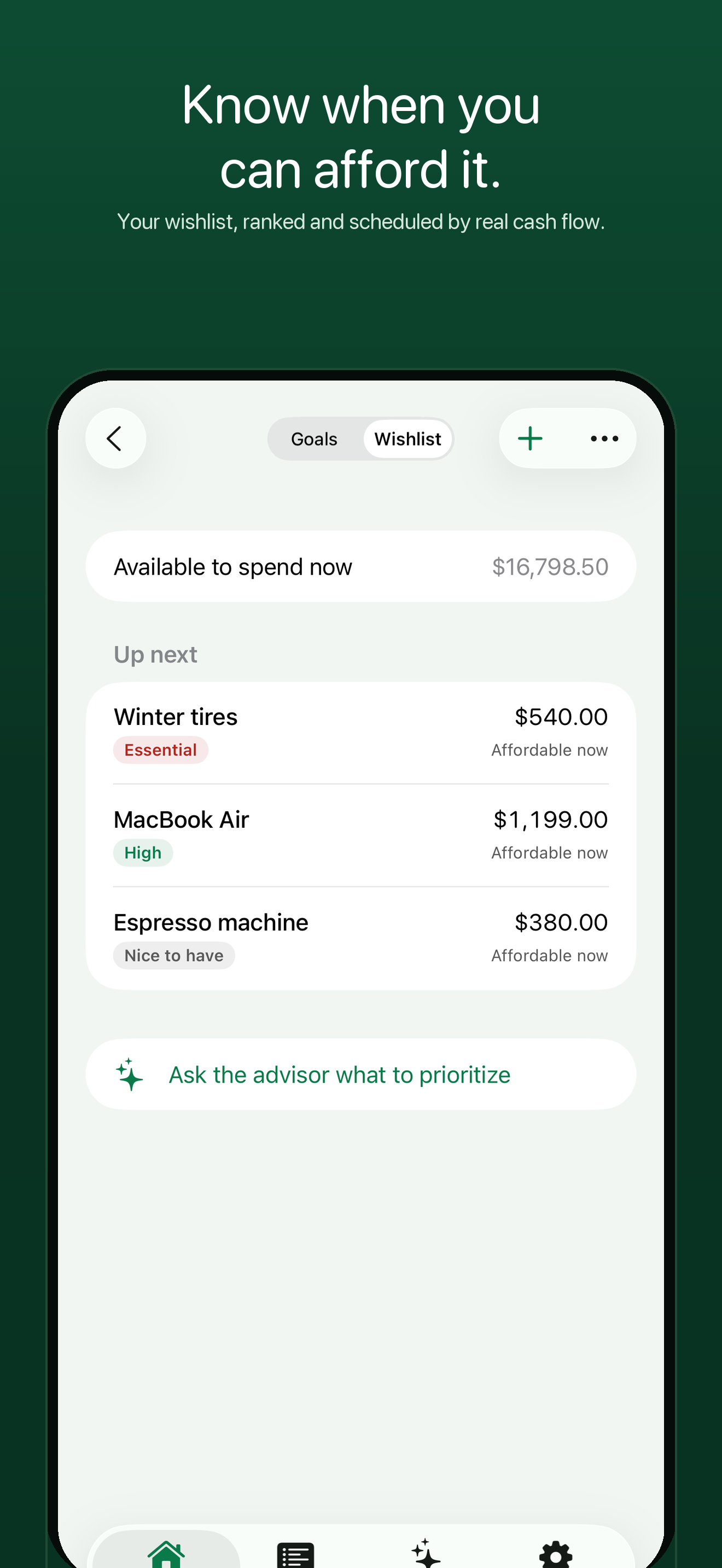FinTraicker wishlist planner ranking purchases by affordability.