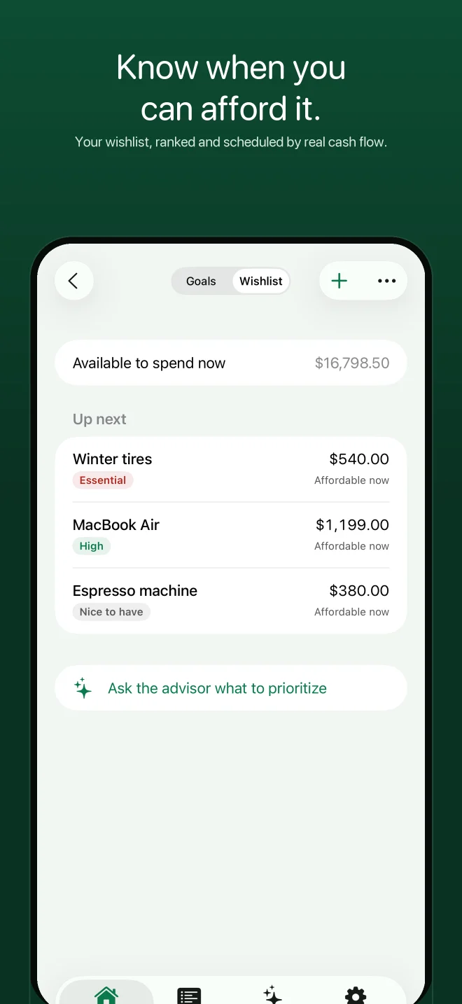 FinTraicker wishlist planner ranking purchases by affordability.