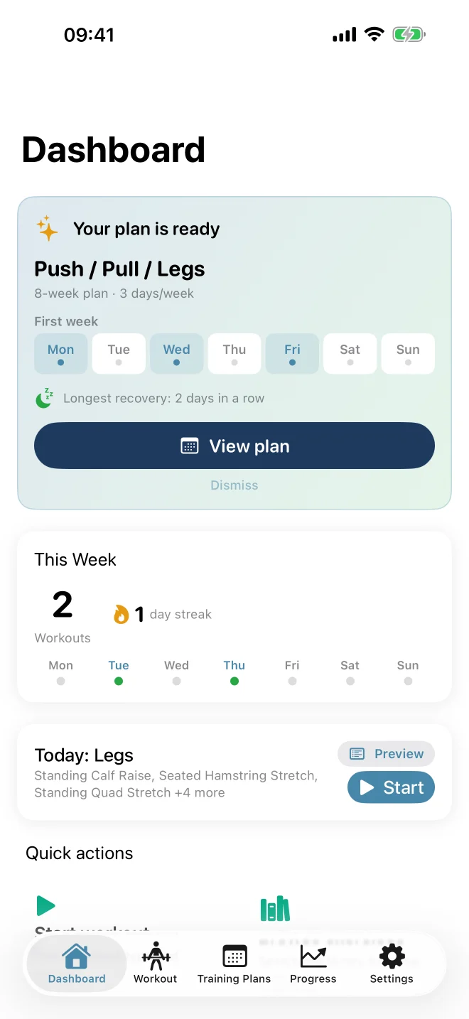 Gym TrAIcker dashboard on iPhone, showing the workout entry points and weekly stats.