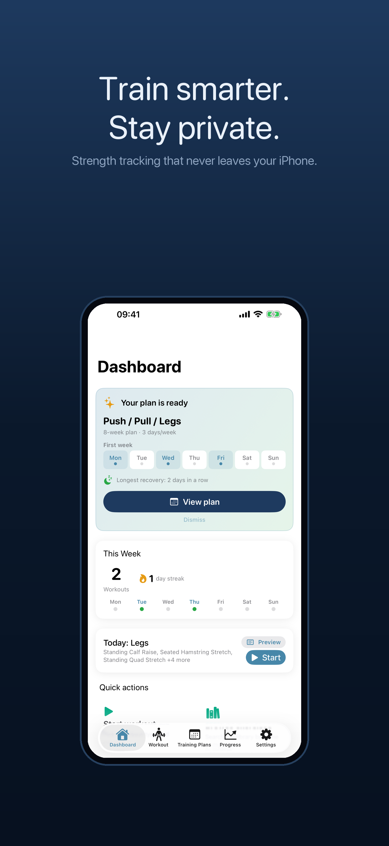 Gym TrAIcker dashboard with a generated training plan and today's workout.