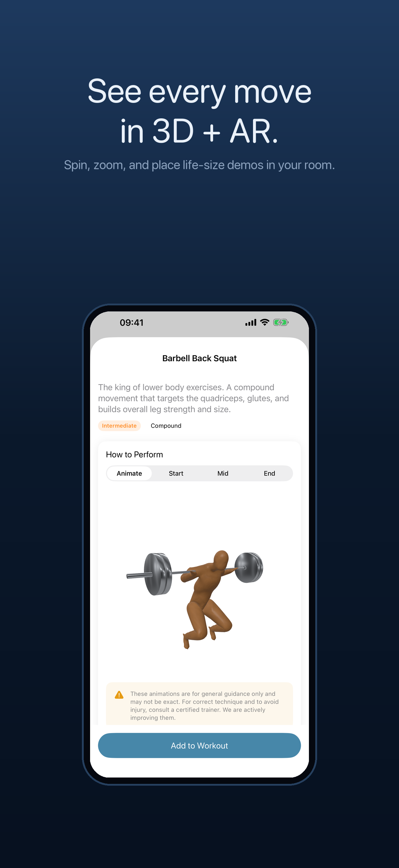 Gym TrAIcker 3D exercise demonstration for a barbell back squat.