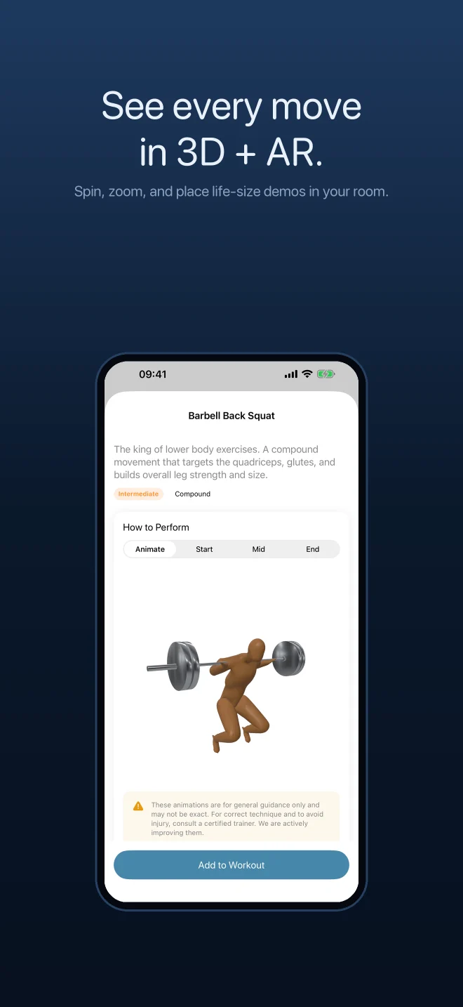 Gym TrAIcker 3D exercise demonstration for a barbell back squat.
