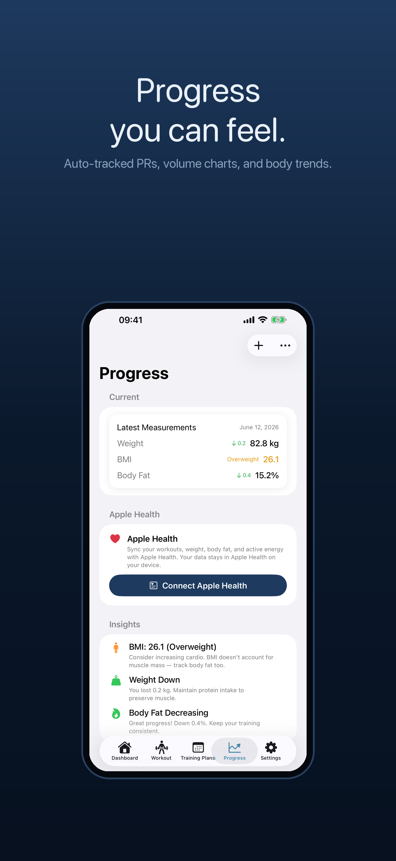 Gym TrAIcker progress charts and personal training statistics.