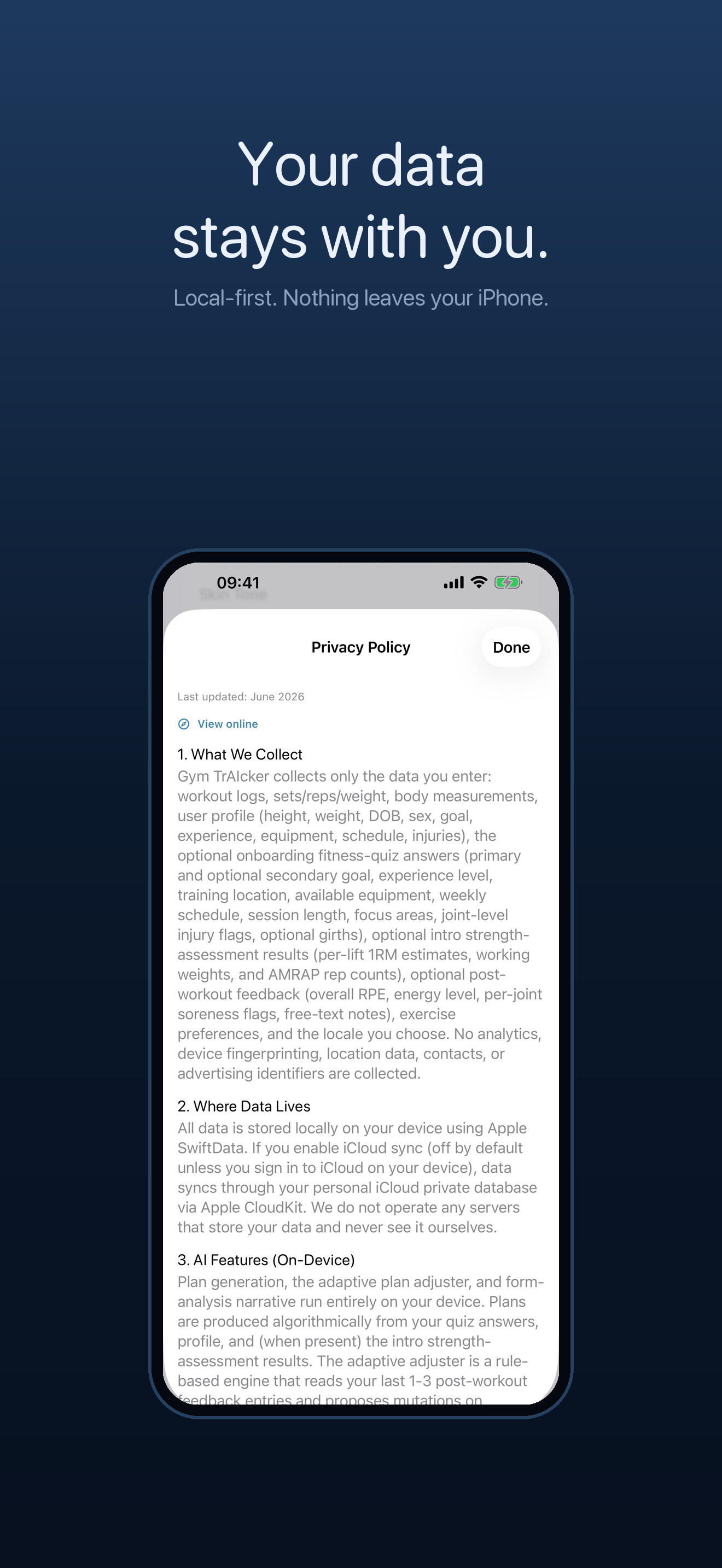 Gym TrAIcker privacy screen explaining its local-first data design.