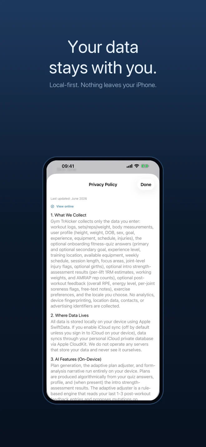 Gym TrAIcker privacy screen explaining its local-first data design.