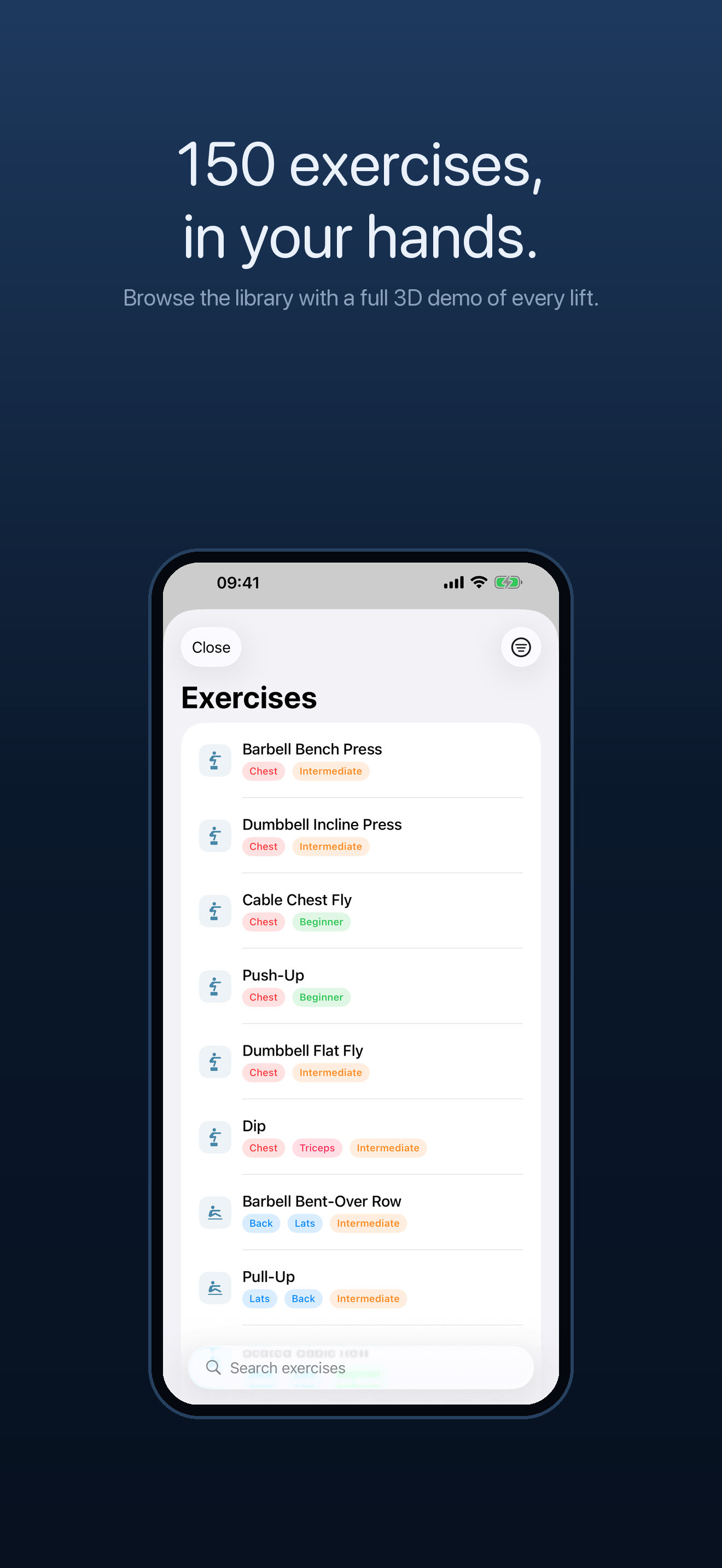 Gym TrAIcker exercise library with search and muscle filters.