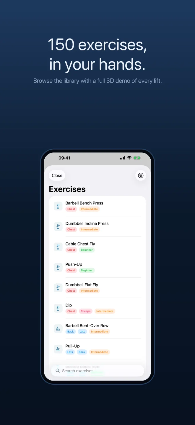 Gym TrAIcker exercise library with search and muscle filters.